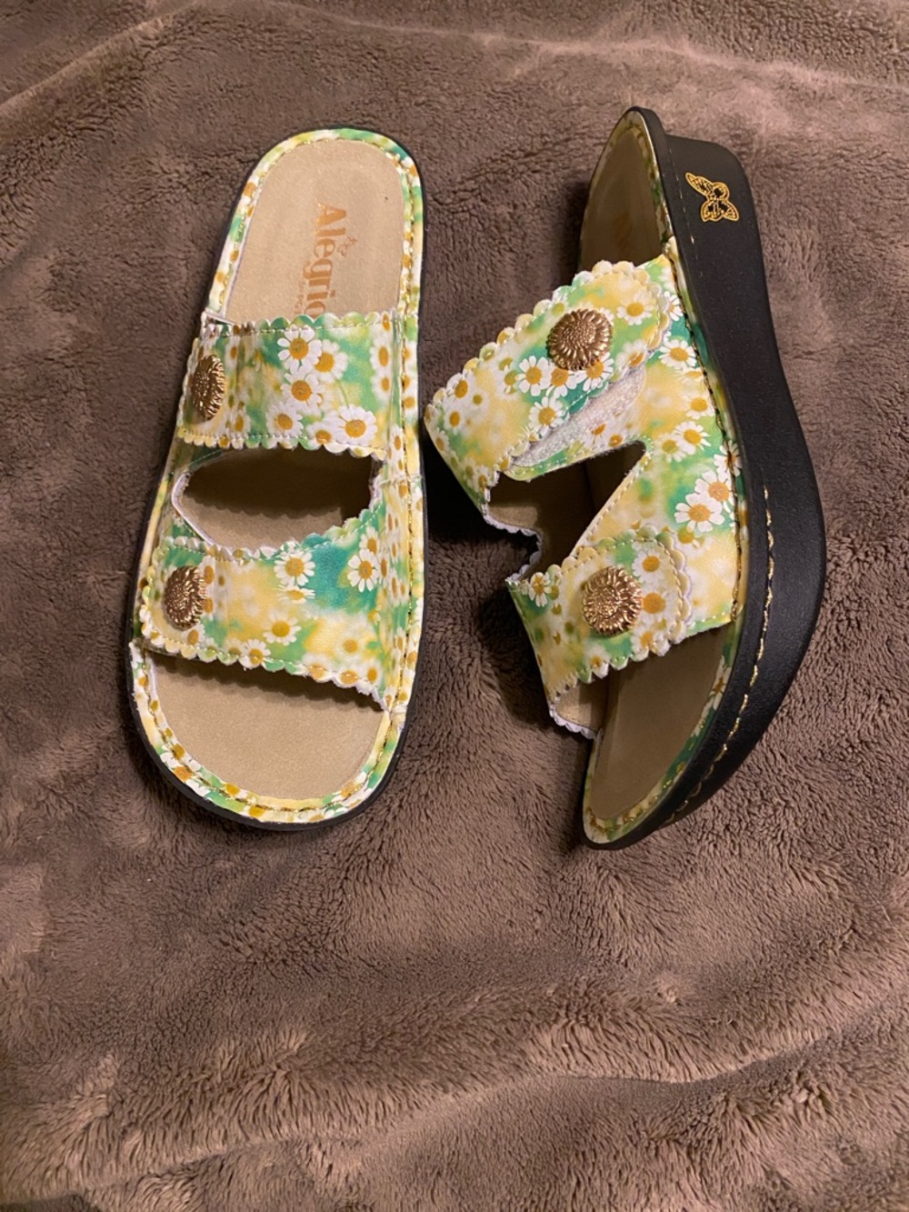 Alegria Women’s Green & Yellow Daisy Slide Sandals Size 8